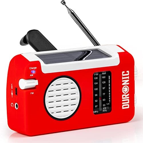 Duronic Hybrid Radio AM/FM - Aufladbar mit Solar, Kurbel und USB - 300mAh Akku - Bis zu 7h Musik mit voller Ladung - Mit Kopfhöreranschluss - Notfallradio - Kompaktradio für Camping und Outdoor