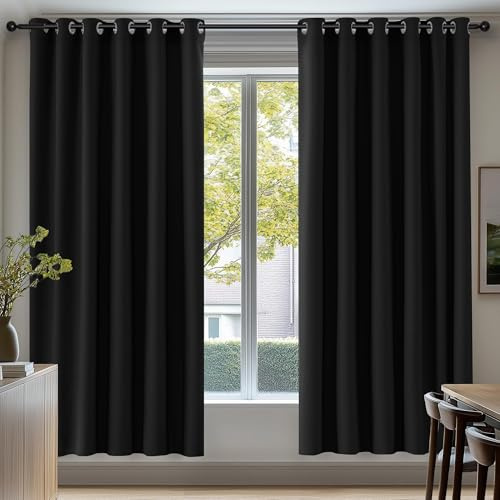 Deconovo Thermal Insulated Wide Black out Curtains Energy Saving Noise Reducing Eyelet Blackout Curtains for Living Room Bedroom, 90 x 72 Drop Inch, 1 Pair, Black