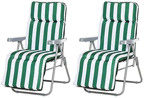 Outsunny Lot de 2 Chaise Longue Bain de Soleil Adjustable Pliable transat lit de Jardin en Acier Vert + Blanc