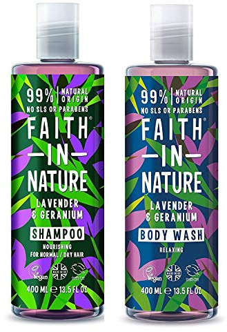 Faith In Nature Lavender and Geranium Shampoo and Shower Gel Duo Pack | Vegan | No Cruelty | 99% Natural Fragrance | No From SLS or Parabens