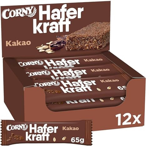 Haferriegel Corny Haferkraft Kakao | Vegan & Vollkornhafer | 12 x 65 g | Mit Vollkornhaferflocken | Sättigender Snack für zwischendurch| Für Wandern, Sport & Alltag | Für Büro, Cafeteria & Frühstück