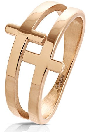 Tata Gisèle Bague en Acier Rosé Femme - 2 Rangs Ajouré - Double Croix