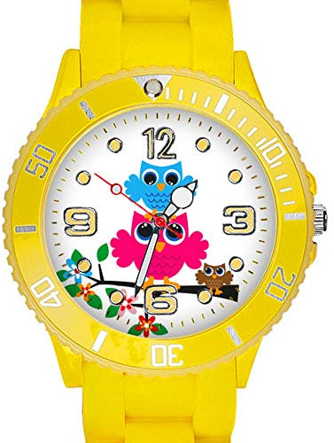 Taffstyle Kinder Armbanduhr Silikon Sportuhr Bunte Sport Uhr mit Blumen Eulen Familie Motiv Analog Quartz Small 39 mm Gelb