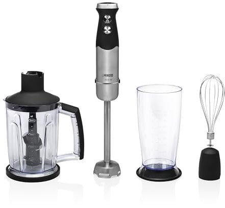 Princess Mixeur Plongeant 1000 W – 4 Lames, Pied Inox 25 cm et Poignée Soft Touch – Verre Doseur, Grand Hachoir et Fouet Inclus, 221221