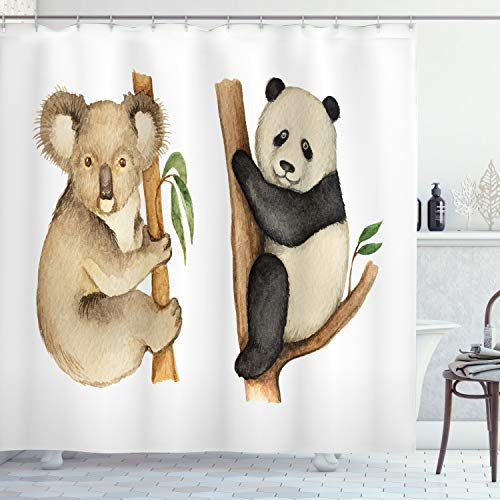 ABAKUHAUS Tier Duschvorhang, Koala-Panda-Aquarell, Stoffliches Gewebe Badezimmerdekorationsset mit Haken, 175 x 200 cm, Schwarz Beige