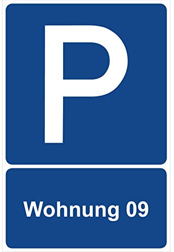 Parkplatzschild Wohnung 09 Parken Schild Blau 30 x 20 x 0,3 cm Kunststoff Parkplatzmakierung Parken Parkplatzschilder Parkplatz Hinweisschild, Verbotsschild, Parkplatz Freihalten