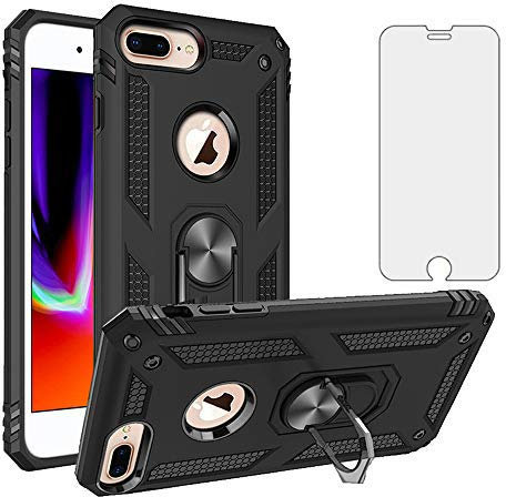 Phone Case for iPhone 6plus 6splus 7plus 8plus i 6/6s/7/8 Plus with Tempered Glass Screen Protector Stand Ring Holder Shockproof Heavy Duty Accessories 7s 8s 6s+ iPhone6 6+ 7+ iPhone8 8+ Black