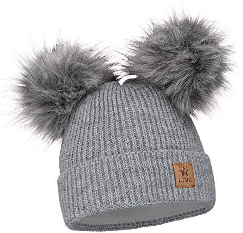 ELIMELI Kinder Mütze für Mädchen warme gestrickte Wintermütze mit Zwei Bommeln Perfekt Beanie für Winter und Herbst 17223 (Grau)