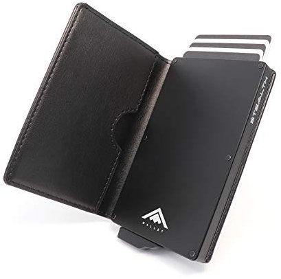 Stealth Wallet Porte Carte Bancaire RFID pour Homme - Porte-Cartes De Crédit avec Mécanisme Pop Up et Boîte Cadeau - Portefeuilles de Crédit Aluminium Minces (Aluminium Noir, Cuir Noir)