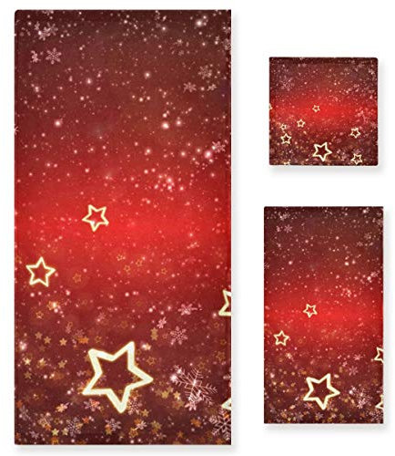 Mnsruu Handtuch-Set mit roten Weihnachtsmotiven, Schneeflocke, goldfarbene Sterne, Badetücher, Handtücher und Waschlappen, saugfähiges Badezimmer-Zubehör
