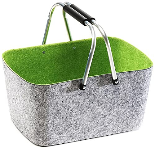 Kobolo Filzkorb Einkaufskorb Korb groß - Klappbügel - Filz - grau grün - 42x30x22 cm