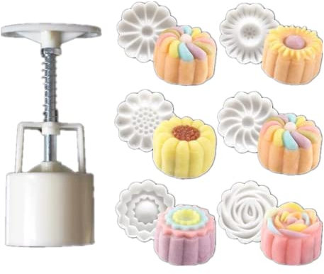 Lot de 6 moules à gâteau en forme de lune, moule à gâteau en forme de fleur, moule à motif 3D, pour festival de la mi-automne, outil de pâtisserie pressé à la main, 50 g
