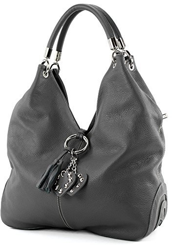modamoda de 330 Damen Leder Nappaleder Wildleder Schultertasche Henkeltasche groß handmade in Italy, Farbe:Dunkelgrau