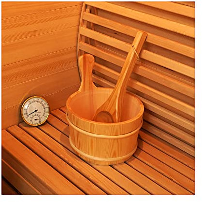 amocane Sauna Wooden Bucket and Ladle Kit, Sauna Accessories with Thermometer for Any Barrel or Steam Sauna & SPA (Hemlock Wood Color)
