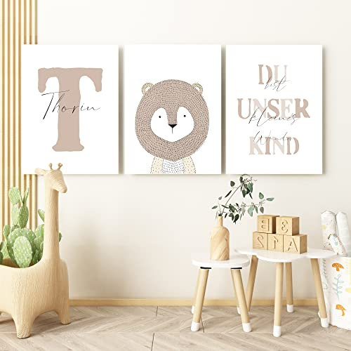 Pandawal Bilder Kinderzimmer Babyzimmer Waldtiere Deko Poster 3er Set mit Name Tiere für Kinder Junge I Mädchen personalisierbar