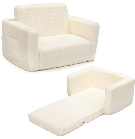 BEJOY Kindersofa Aufklappen 2 in 1 Schlafsofa, Kindersessel, Sherpa Kinder Couch Ausklappbar Kinder Sofa für Kinderzimmer Kindertags- und Geburtstagsgeschenk für Mädchen und Jungen, Weiß