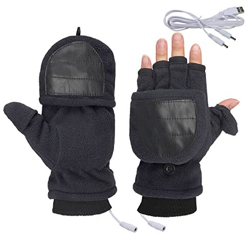 USB Heated Gloves Mitten for Women Men Washable Double Sided Electric Heating Thermal Gloves Unisex Convertible Fingerless Gloves Winter Warm Laptop Gloves for Gaming Typing Cycling Hiking Hand Warmer