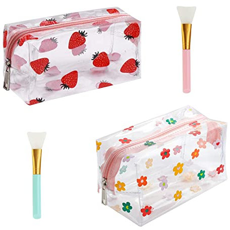 2er-Pack transparente Kosmetiktasche, mit 2 Silikonpinseln, tragbare Make-up-Aufbewahrungstasche, PVC-Kulturbeutel, Reißverschluss-Federmäppchen, niedliche Cartoon-Kosmetiktasche, Reisezubehör