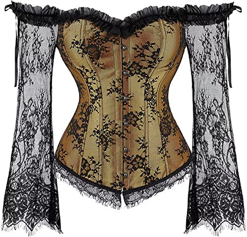Yellow Corset Top with Sleeves Bustier Plus Size Princess Lace Floral Sexy Costumes Cosplay Halloween Women M