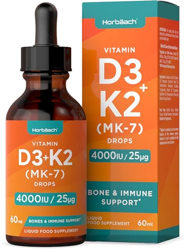 Vitamin D3 K2 MK7 Drops | High Strength Vitamin D3 4000iu and K2 as MK7 25ug | 60mL | Bone and Immune Support | Suitable for Vegetarians | by Horbaach
