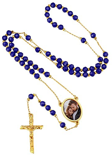FindChic Rosenkranz Kette Kruzifix Damen Auto Rosenkranz Halskette mit Bild Edelstahl Gebetskette Christlich Kruzifix Anhänger Gold