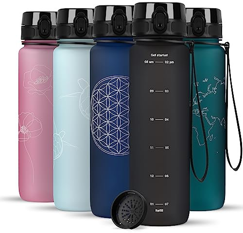 720°DGREE Trinkflasche 1l mit Motivationsskala “uberBottle“ +Sieb - Dicht, Leicht, BPA-Frei, Bruchsicher - Wasserflasche für Uni, Sport, Fitness, Fahrrad, Outdoor - Tritan Sportflasche - Schwarz