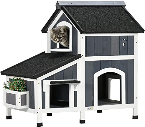 PawHut Wooden Outdoor Cat House with Flower Pot, Windows, Multiple Entrances, Water-Resistant Roof - Grey