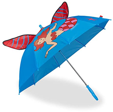 Relaxdays Regenschirm Kinder, 3D Motiv Meerjungfrau, Kinderregenschirm Mädchen, Ø 78 cm, kleiner Stockschirm, blau/rot