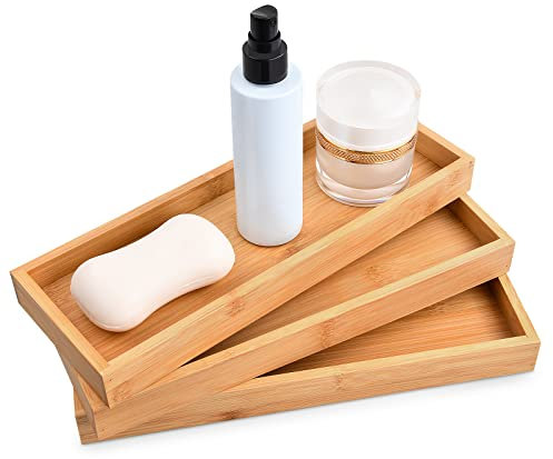 3 Pcs Bamboo Plant Saucer Flower Succulent Tray, Wooden Rectangular Tea Serving Plate, 11 x 4 Inch Decorative Bathroom Wooden Counter Trays with Edges for Food Coffee Tea Snack Tissues Candles