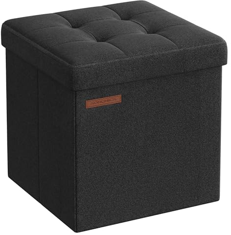 SONGMICS Storage Ottoman, Foldable Small Ottoman Foot Rest, 11.8 Inches Foot Stool, Cube Ottoman with Storage, Load up to 286 lb, for Living Room, Bedroom, Dorm, Ink Black ULSF028B01