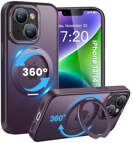 HuwaiH handyhülle für iPhone 13/14 Hülle, [360° Magnetischer Ring Ständer ] [mit Mag-Safe] [Transluzente Matte] Stoßfeste Kratzfeste Schutzhülle für iPhone 13/14 (Dunkel Lila)