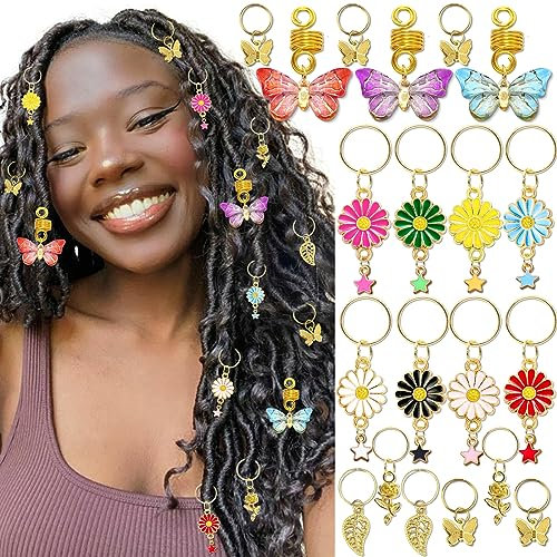 SAWINDA 20 Stück Haarschmuck Gold Haarschmuck für Zöpfe Haar Edelsteine Dreadlock Zubehör Mehrfarbige Schmetterling Blume Blatt Rose Zopf Charms Zubehör für Frauen Haardekoration