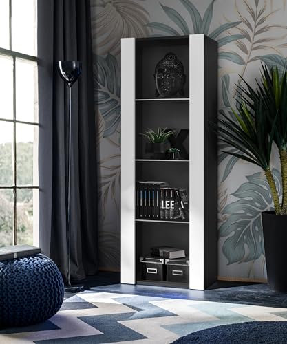 Komodee , Vitrine Schrank Tivoli, Weiß/Schwarz, Breite 55cm x Höhe 159cm x Tiefe 35cm, 3 Regalböden, für Wohnzimmer, Schlafzimmer, Eingang