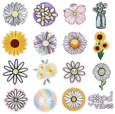 Woohome Patches zum Aufbügeln, 16 Stück Blume Patch Sticker für Kleidung, Daisy Aufnäher Applikation Flicken Zum Aufbügeln Kinder Patches für für DIY T-Shirt Jeans Kleidung Taschen