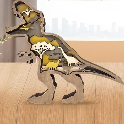 Drawelry 3D Holz Tiere Schnitzerei Skulpturen Ornament, Mehrschichtig Holz Synthese Wald Tier Gravur Regal Statuen Handwerk für Home Büro Desktop Weihnachten Neujahr Festival Dekor (Tyrannosaurus)