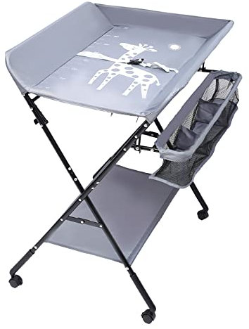 Baby Wickelkombi, klappbare Wickelkommode mit Rollen, Wickelauflage, Sicherheitsgurt und Ablagefächern, Mobiler Wickeltisch mit Höhenskala für Babys unter 25 kg oder 0-1 Jahre, 63x80cm (Gray)
