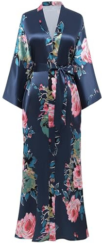 BABEYOND Damen Morgenmantel Maxi Lang Satin Sommer Kimono Blumen Muster Gedruckt Bademantel Kimono Strickjacke Damen Lange Robe Blumen Schlafmantel Girl Pajama Party