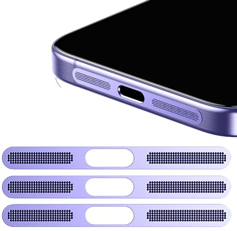 GIOPUEY Mesh Anti Dust Metal Sticker for iPhone 14 Pro Max, 3 pack Integrated Protective Speaker and Charging Port - purple