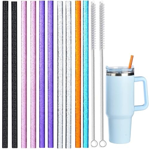 Glitter Straw Compatible with Stanley Cup 40oz/30oz Tumbler 10 Pack Plastic Straw with 2 Straw Cleaning Brush Reusable Multicolour Pink Black Straws Compatible with Stanley Adventure Quencher
