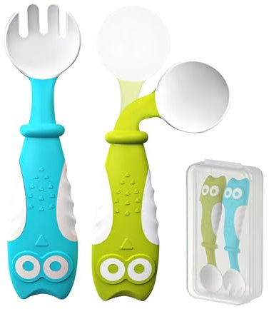Couverts Bébé - Cuillère Coudée Bébé - Cuillère Bébé Et Fourchette Bébé 1er Age - Apprentissage Et Dme 12 Mois - Poignée Incurvée - Anti Etouffement Enfant - Couvert Enfant - Couvert Bebe 1 An