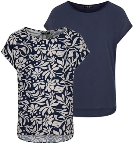 DENIMFY Bluse Damen DFJule Regular Fit 2er Pack Set Rundhals T-Shirt Top Kurzarm Sommer Oberteil, Größe:M, Farben:Farbmix 4