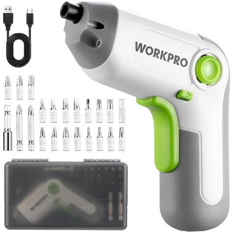 WORKPRO Akkuschrauber Set 3,6V, Exzentrischer Schraubendreher, mit 21 Bits und Verlängerungsstange, 2000 mAh Akku, LED-Licht, USB-C-Kabel, Aufbewahrungsbox, für Heimwerker, Weiß