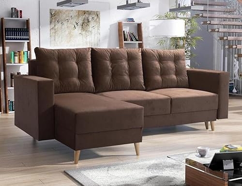 Easy4You Ecksofa Bergen Braun L-Form – 235x90x145 cm - Schlafsofa mit Bettkasten und Schlaffunktion - Eckcouch mit Stauraum und Holzfüße, Kissen – Stoff Kronos 06