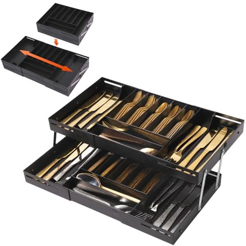 Veathzet Rangement de tiroir à couverts,Rangement de tiroir à 2 niveaux,Rangement d'ustensiles de cuisine extensible,Gain de place pour les tiroirs à couverts,à maquillage,de bureau (Noir)