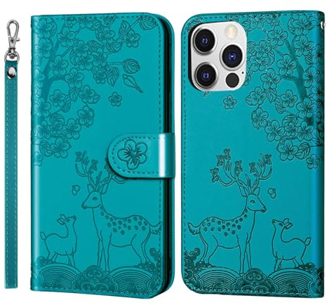 Nbziyoo Phone Case for iPhone 15 Pro Max, Embossed Deer Floral Animal Flip Wallet Case with Card Slots, Premium Magnetic Protective PU Leather Cover Case for iPhone 15 Pro Max.Blue