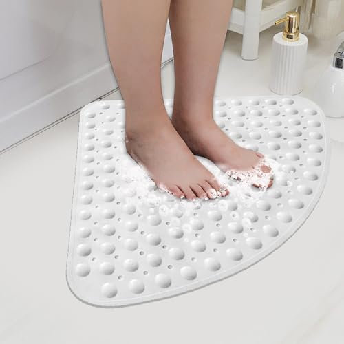 LOPYXBR Corner Shower Mats for Inside Shower 70x70CM White Quadrant Showers Mat Non Slip Curved Showers Mat with Suction Cups and Drain Sector for Bathroom