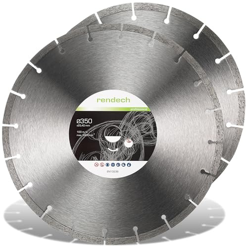 2x rendech® Profi Diamantscheibe 350 x 20 mm für Trennschleifer | Ideal für Beton, Stein, Mauerwerk, Granit, Ziegel, Pflastersteine uvm. - Geeignet für Trocken- & Nassschneider