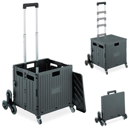 Relaxdays Einkaufstrolley Treppensteiger, klappbar, Einkaufskorb mit Rollen, Deckel, Teleskopgriff, bis 35kg, dunkelgrau
