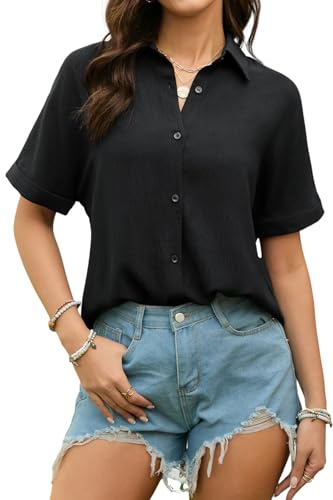Stamain Women Shirts Short Sleeve Blouses Summer Casual Shirts for Women UK Button Down Loose Fit Ladies Solid Color Blouse