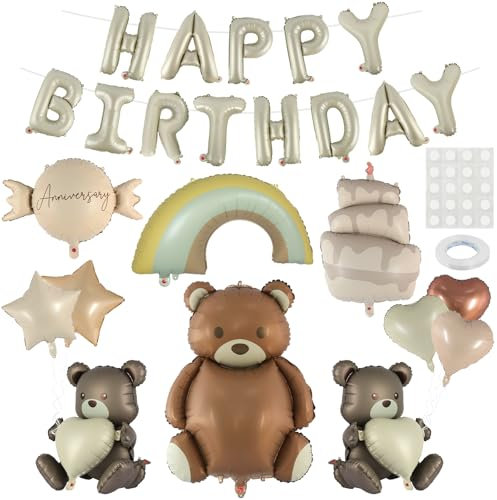 12 Stück Happy Birthday Ballon, Folienballon Geburtstag, Grosse Bär Helium Luftballons Geburtstag, Helium Ballons, Geburtstagsballon für Jungen Mädchen Geburtstagsdeko